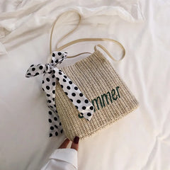 Summer Bucket Embroidery Straw Woven Bag with Silk Scarf Decoration
