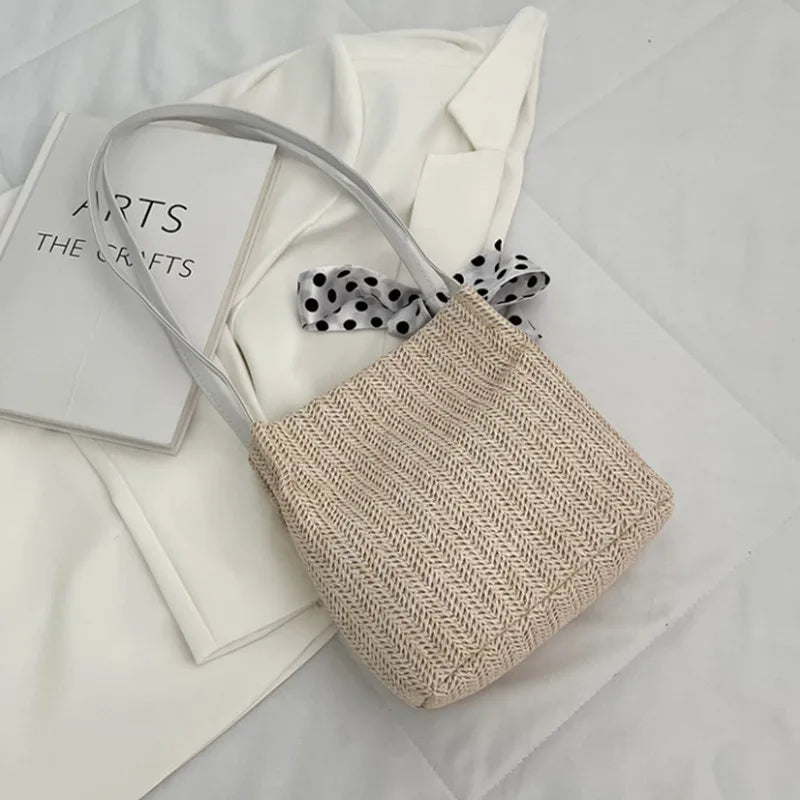 Summer Bucket Embroidery Straw Woven Bag with Silk Scarf Decoration