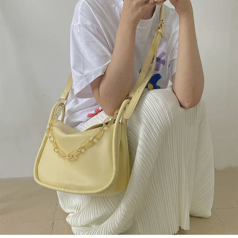 Summer Soft PU Leather Shoulder Bag Women Chains Cross Body Bucket Bag