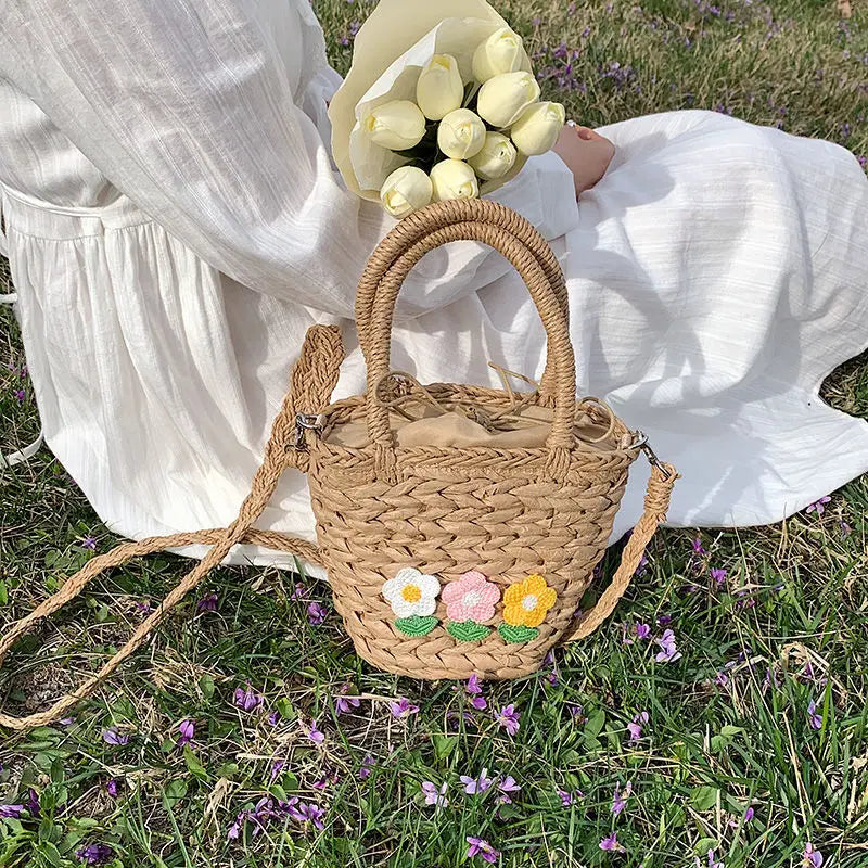 Summer Straw Beach Bag Large Capacity Flowers Messenger Shoulder Tote Bag