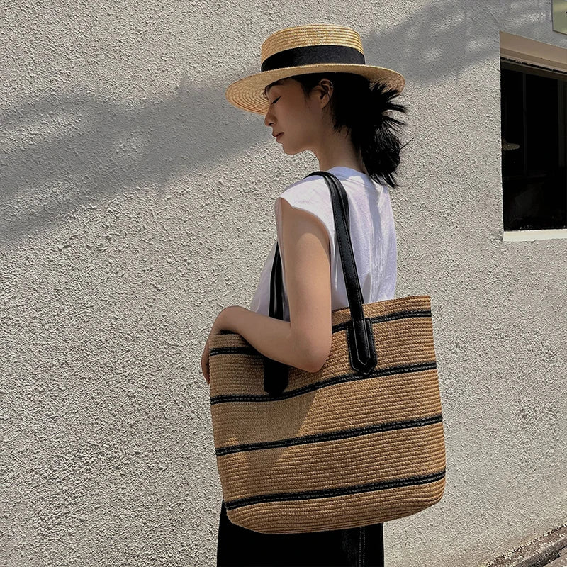 Summer Straw Bag Women Stripe Totes Large Capacity Beach Handbags