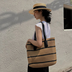 Summer Straw Bag Women Stripe Totes Large Capacity Beach Handbags