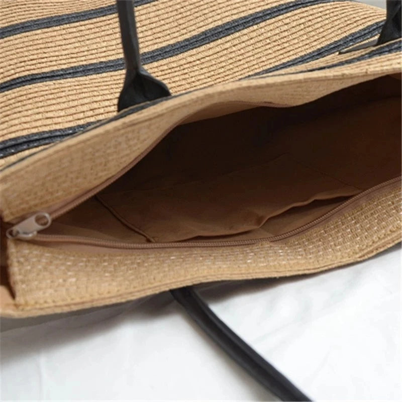 Summer Straw Bag Women Stripe Totes Large Capacity Beach Handbags