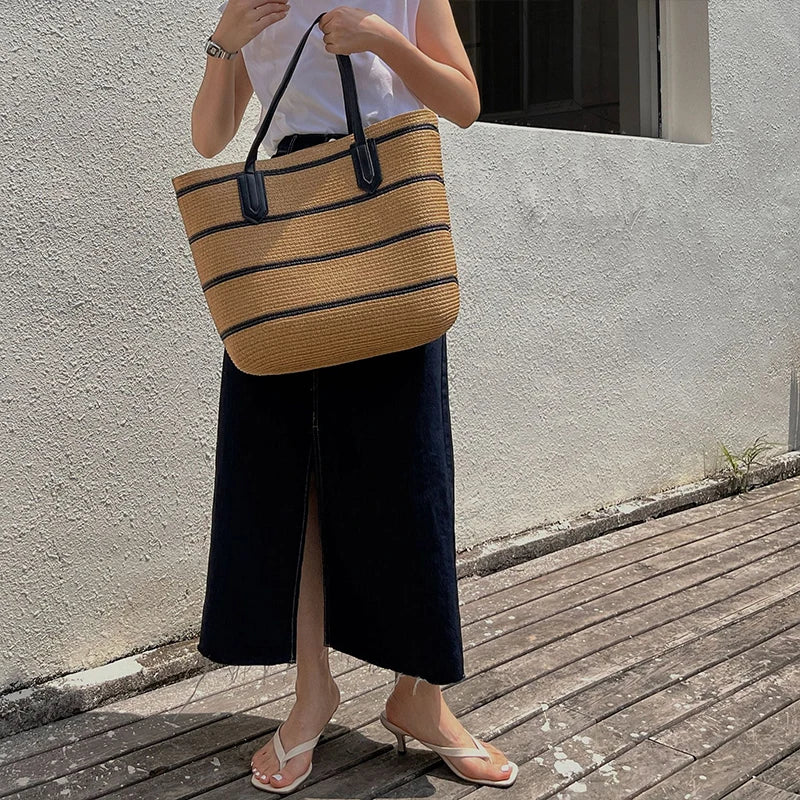 Summer Straw Bag Women Stripe Totes Large Capacity Beach Handbags