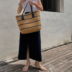 Summer Straw Bag Women Stripe Totes Large Capacity Beach Handbags