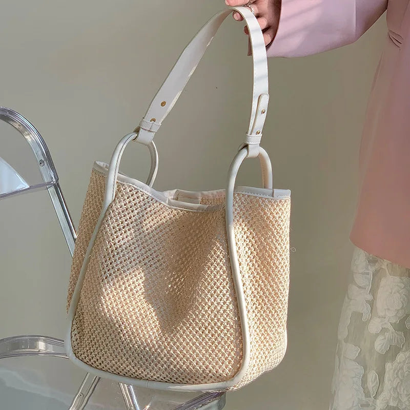 Large Straw Shoulder Bag Women Woven Handbag Beach Tote Holiday Shopping