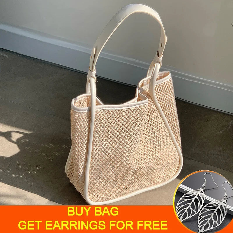 Large Straw Shoulder Bag Women Woven Handbag Beach Tote Holiday Shopping