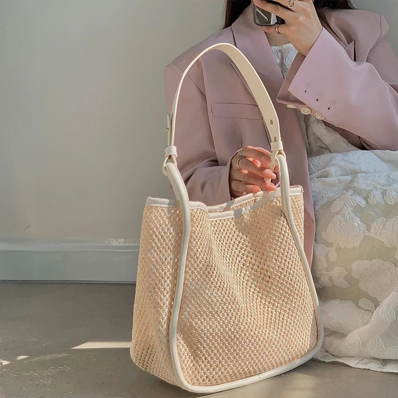 Large Straw Shoulder Bag Women Woven Handbag Beach Tote Holiday Shopping