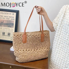 Straw Women's Shoulder Tote Bag Boho Style Seaside Beach Vacation Handbag