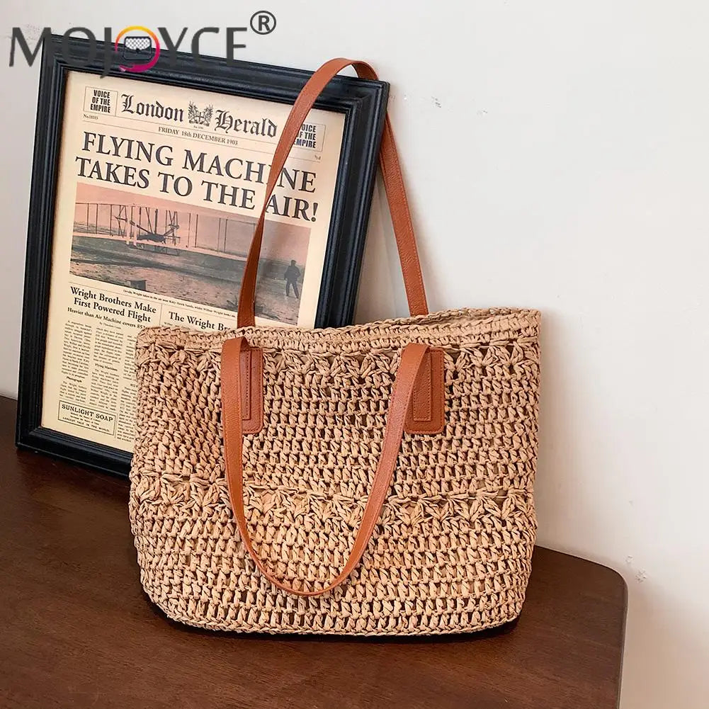 Straw Women's Shoulder Tote Bag Boho Style Seaside Beach Vacation Handbag