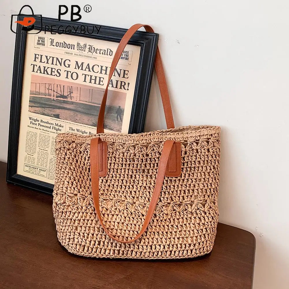 Straw Women's Shoulder Tote Bag Seaside Beach Vacation Handbag
