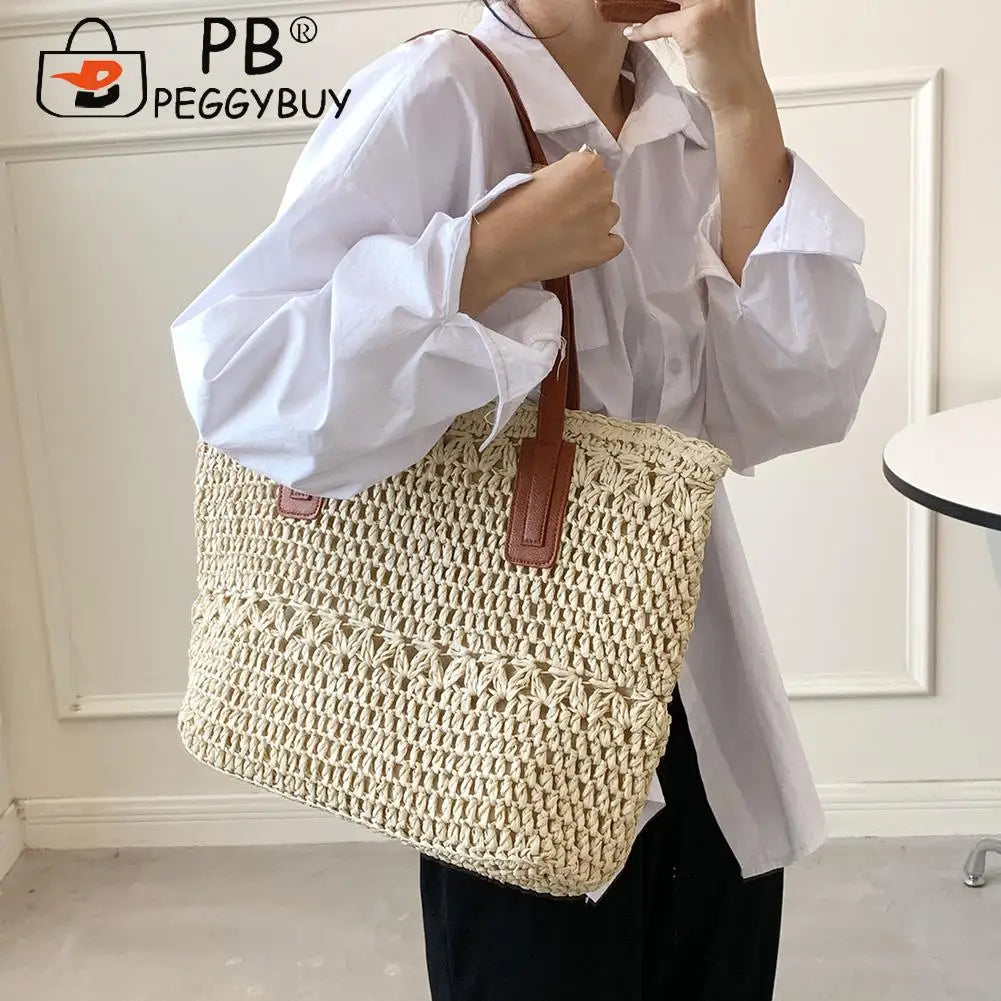 Straw Women's Shoulder Tote Bag Seaside Beach Vacation Handbag
