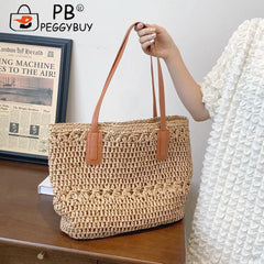 Straw Women's Shoulder Tote Bag Seaside Beach Vacation Handbag