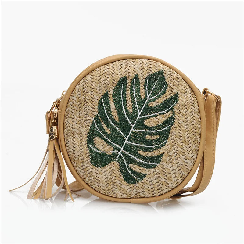 Summer Women's Straw Bag Shoulder Bag Crossbody Round Zipper