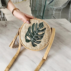 Summer Women's Straw Bag Shoulder Bag Crossbody Round Zipper