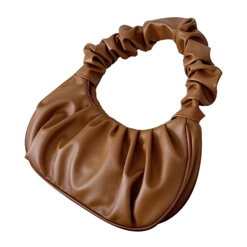Vintage PU Leather Pleated Handbag for Women Small Shoulder Tote Purse