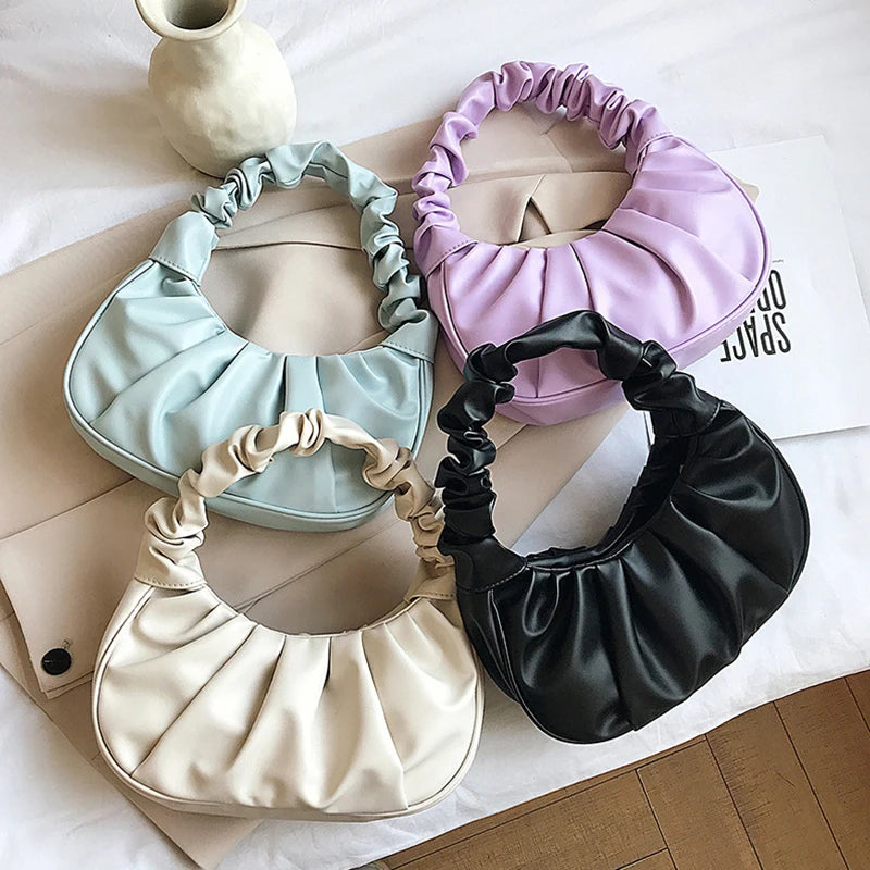 Summer Pleated Handlebags for Women PU Cloud French Bags Leisure Armpit Bag