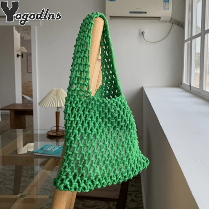Summer Beach Bag For Women Mesh Rope Weaving Straw Net Ladies Shoulder Bags