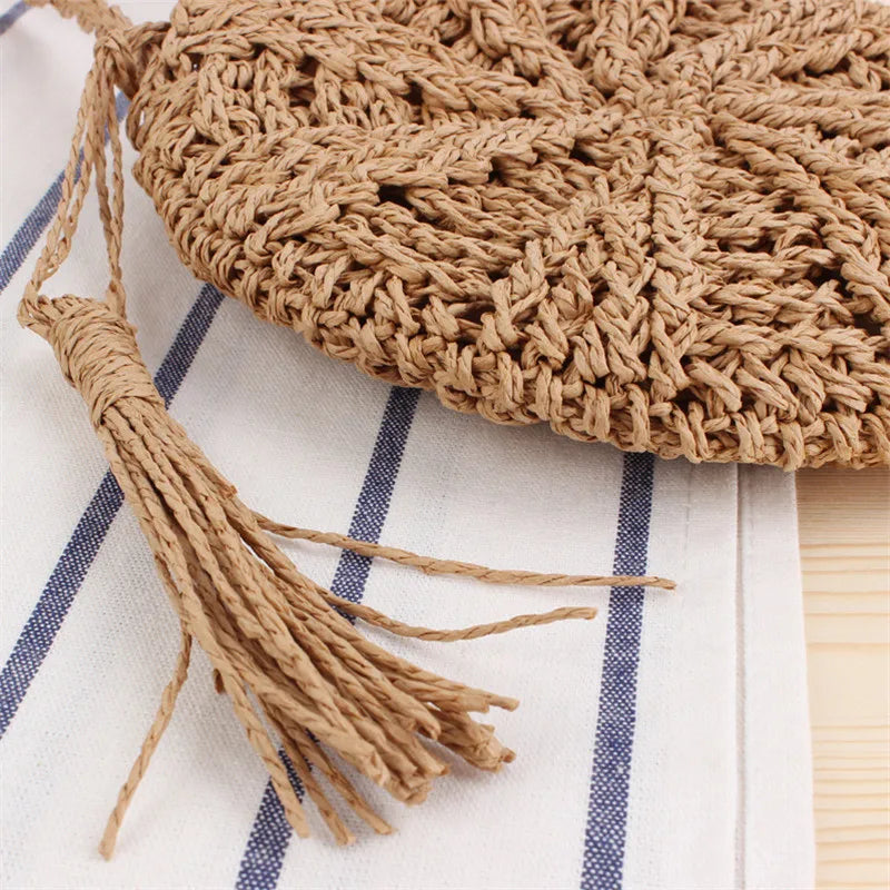 Summer Rattan Woven Round Women Straw Bag Handbag Knit Beach Bag