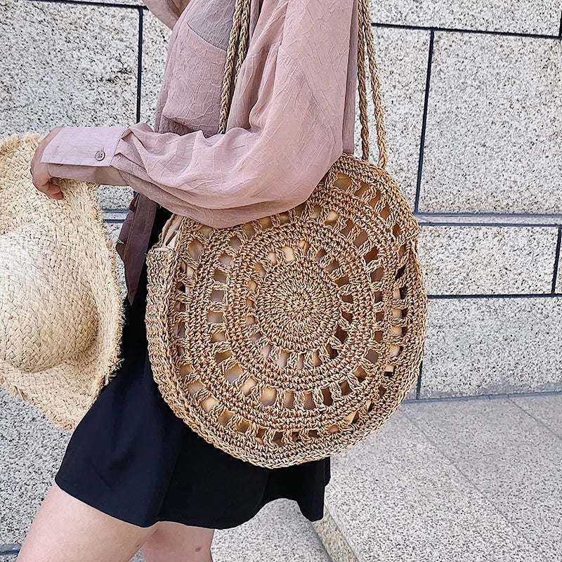 Summer Round Straw Bag For Women Woven Handbag Rattan Shoulder Bag
