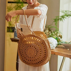 Summer Round Straw Bag For Women Woven Handbag Ladies Rattan Shoulder Bag
