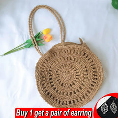 Summer Round Straw Bag For Women Woven Handbag Rattan Shoulder Bag