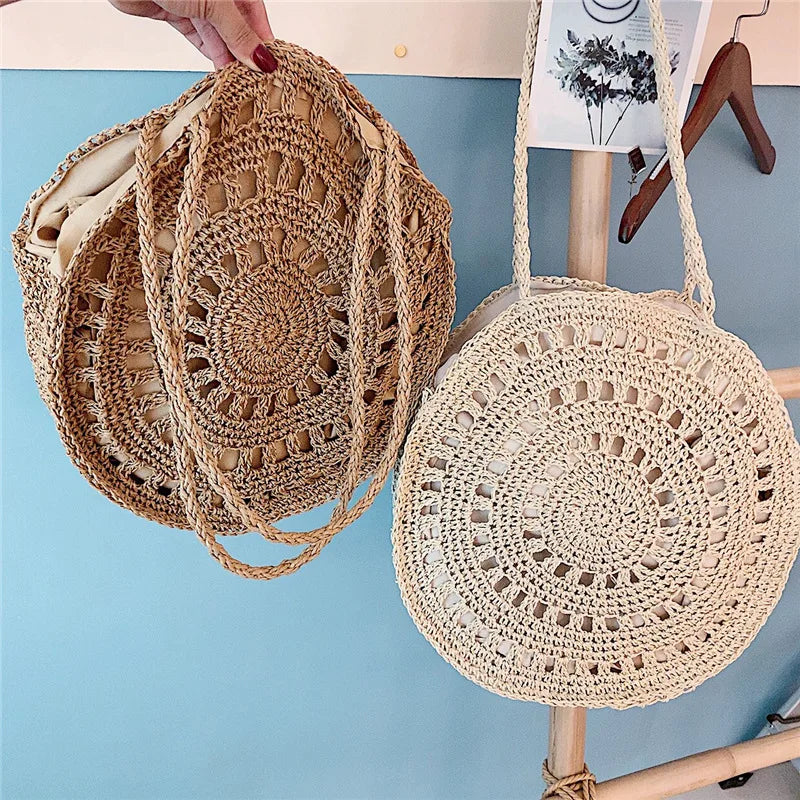 Summer Round Straw Bag For Women Woven Handbag Rattan Shoulder Bag