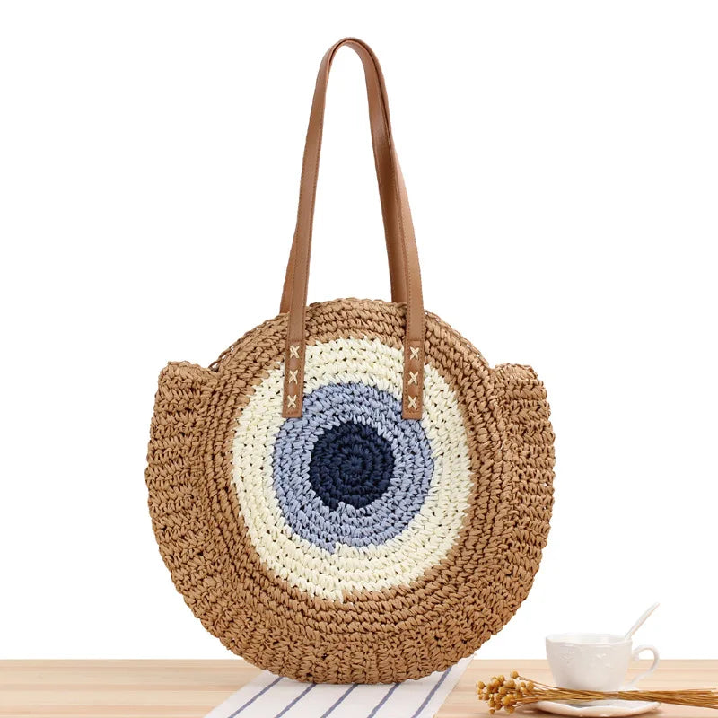 Round Straw Shoulder Bag for Women Rattan Beach Handbag