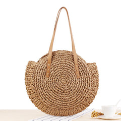Round Straw Shoulder Bag for Women Rattan Beach Handbag