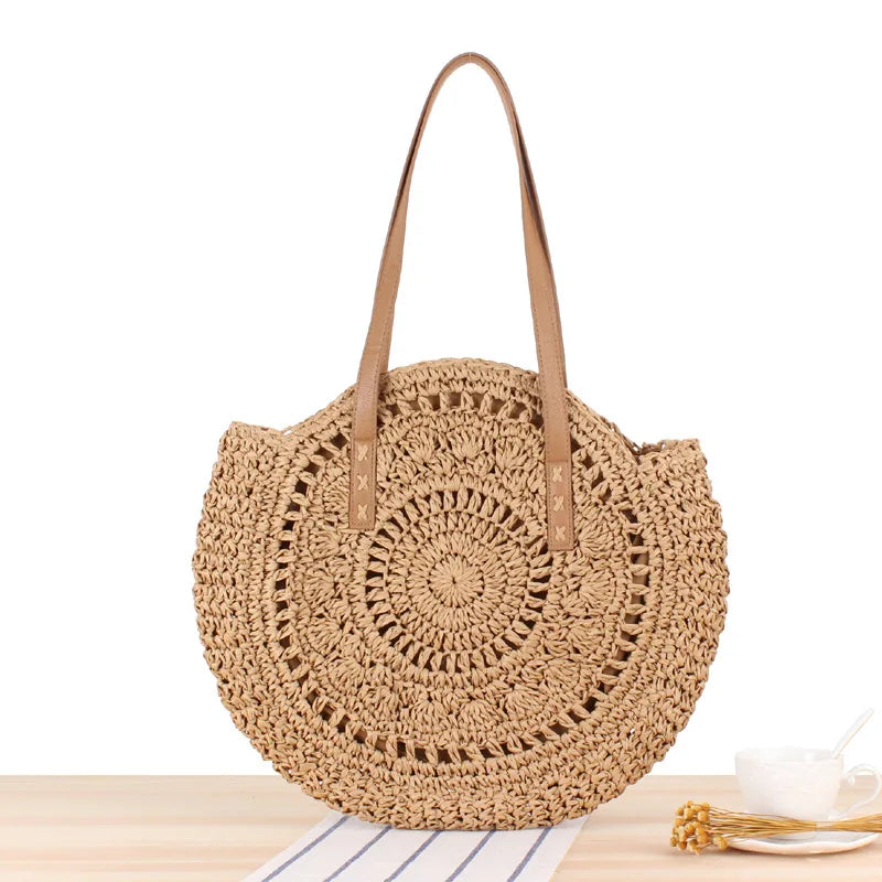 Round Straw Shoulder Bag for Women Rattan Beach Handbag