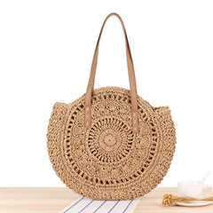 Round Straw Shoulder Bag for Women Rattan Beach Handbag