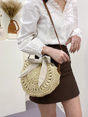 Summer Round Straw Shoulder Bag Women's Bow Weave Casual Beach Handbag