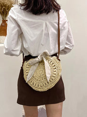 Summer Round Straw Shoulder Bag Women's Bow Weave Casual Beach Handbag
