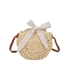 Summer Round Straw Shoulder Bag Women's Bow Weave Casual Beach Handbag