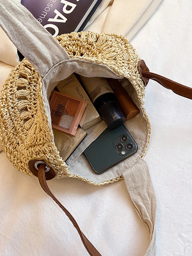 Summer Round Straw Shoulder Bag Women's Bow Weave Casual Beach Handbag
