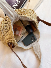Summer Round Straw Shoulder Bag Women's Bow Weave Casual Beach Handbag