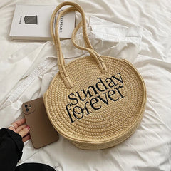 Summer Round Woven Shoulder Bags for Women Casual Knitted Beach Top Handle Bag