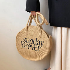 Summer Round Woven Shoulder Bags for Women Casual Knitted Beach Top Handle Bag