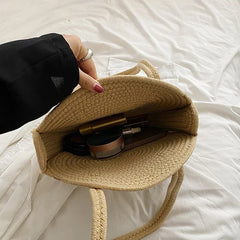 Summer Round Woven Shoulder Bags for Women Casual Knitted Beach Top Handle Bag