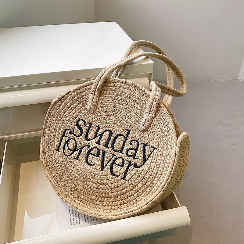 Summer Round Woven Shoulder Bags for Women Casual Knitted Beach Top Handle Bag