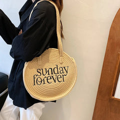 Summer Round Woven Shoulder Bags for Women Casual Knitted Beach Top Handle Bag