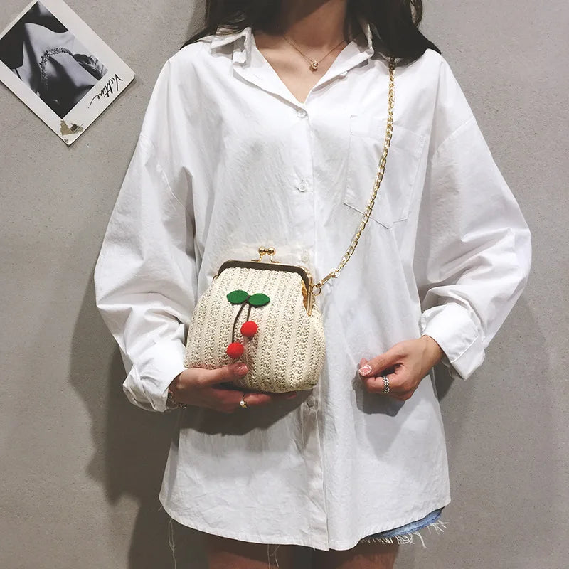 Summer Straw Bag Female Chain Slung Bucket Bag