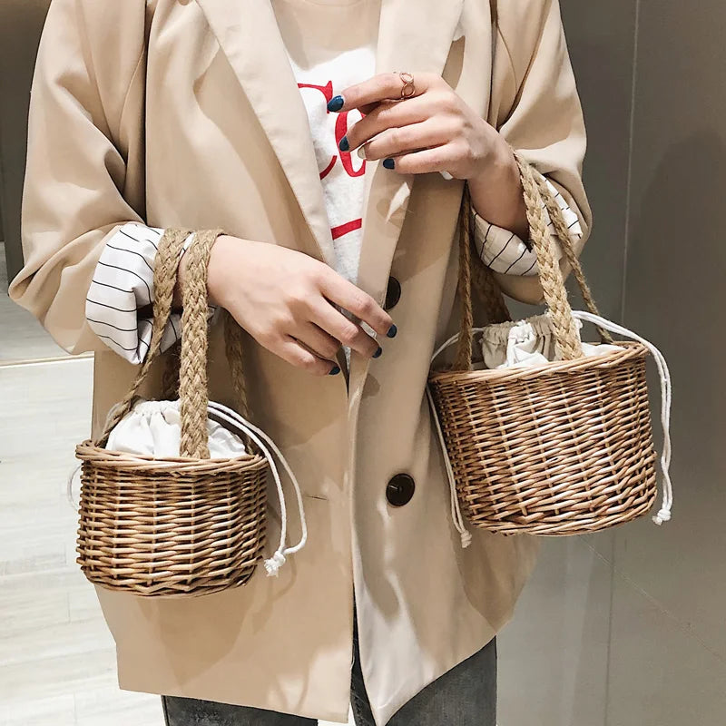 Summer Small Bag Female Plaited Detail Tote Bag With Drawstring