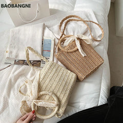 Summer Small Bow Straw Shoulder Bags Women Woven Beach Square Bag