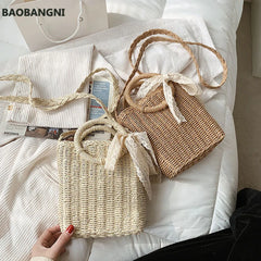 Summer Small Bow Straw Shoulder Bags Women Woven Beach Square Bag