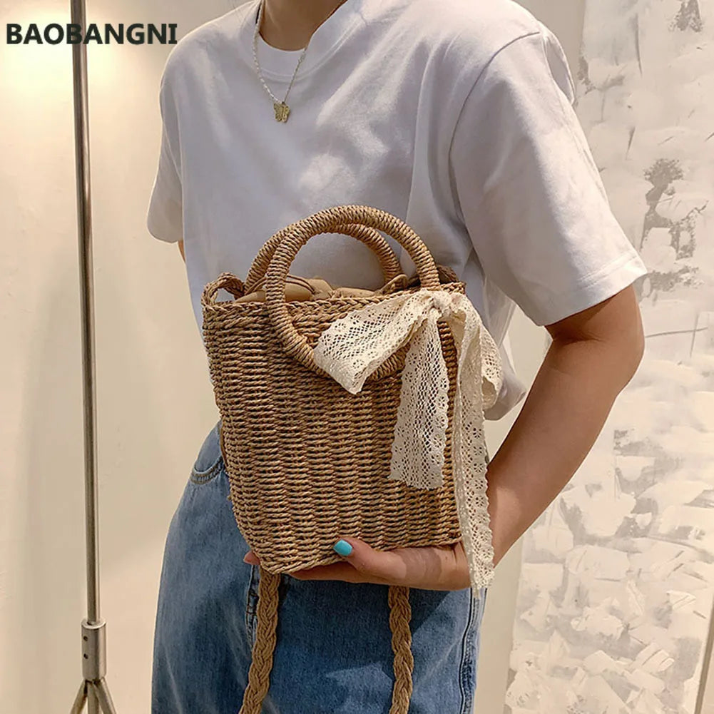 Summer Small Bow Straw Shoulder Bags Women Woven Beach Square Bag