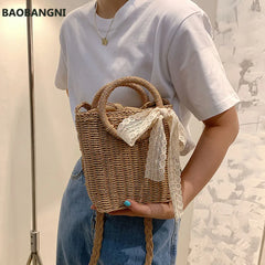 Summer Small Bow Straw Shoulder Bags Women Woven Beach Square Bag
