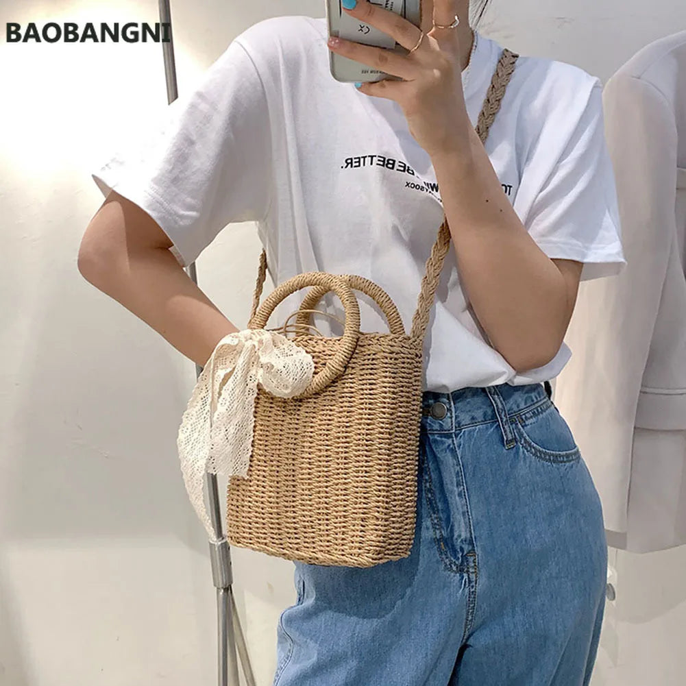 Summer Small Bow Straw Shoulder Bags Women Woven Beach Square Bag