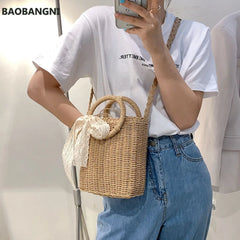Summer Small Bow Straw Shoulder Bags Women Woven Beach Square Bag
