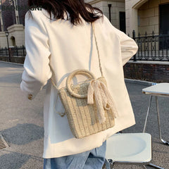 Summer Small Bow Straw Shoulder Bags Women Woven Beach Square Bag